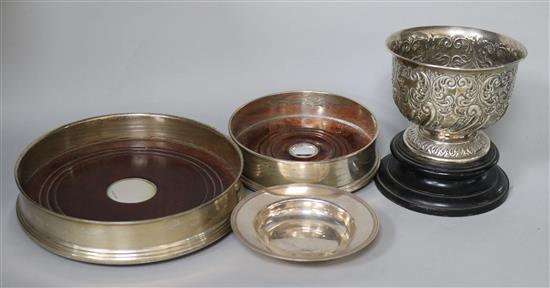 Two silver coasters, an embossed bowl and an ashtray